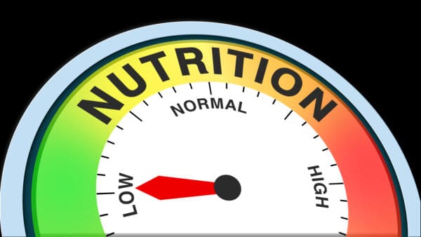 Nutrition low, text level concept illustration with barometer or tachometer meter on black background. Suitable for poor diet, low nutrient intake, and weak health and body wellness visuals.