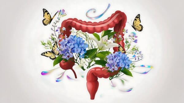 Floral Colon Illustration: A colorful and artistic representation of the human colon adorned with flowers and butterflies.