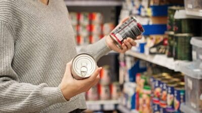 A woman choosing canned dog or cat food at a pet store, reading the label.