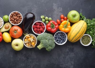 Healthy eating ingredients: fresh vegetables, fruits and superfood. Clean eating and detox. Nutrition, diet, vegan food.